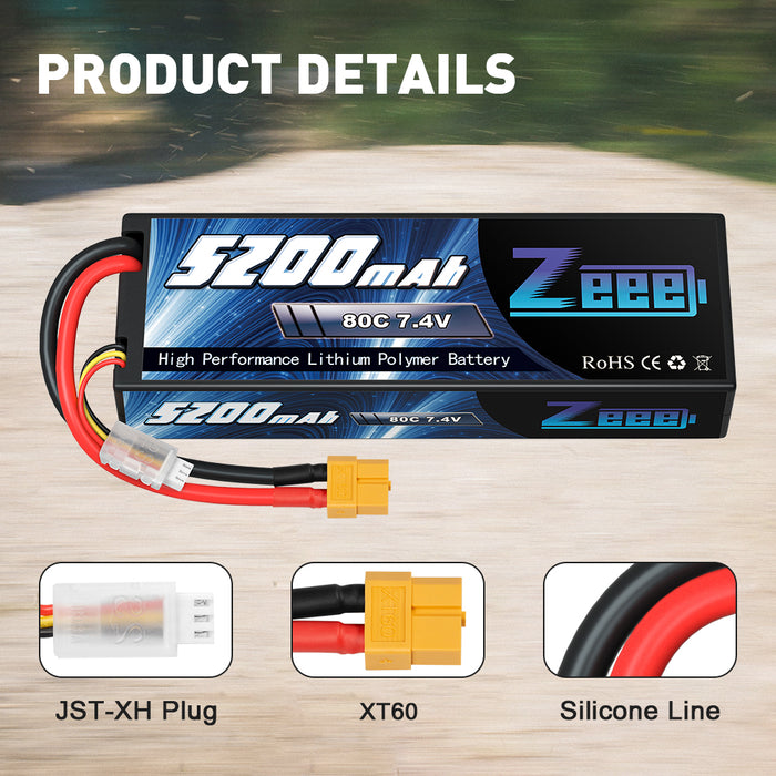 Zeee 2S Lipo Battery 5200mAh  7.4V 80C with XT60 Plug Hard Case for 1/8 1/10 RC Car(2 Packs)