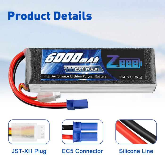 Zeee 3S Lipo Battery 6000mAh 11.1V 120C Soft Case with EC5 Connector for RC Car RC Models(2 Pack)