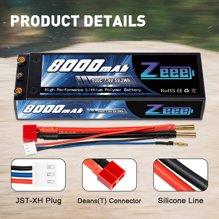 Zeee 2S Lipo Battery 8000mAh 7.4V 100C Hard Case with 4mm Bullet Dean-Style T Plug for 1/8 1/10 RC Car Model