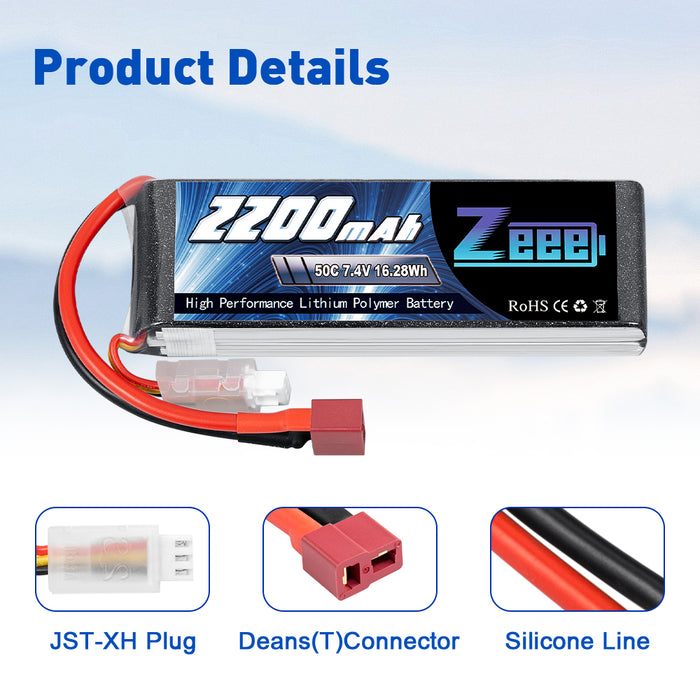 Zeee 2S Lipo Battery 2200mAh  7.4V 50C Soft Pack with Deans Connector for RC Models (2 Pack)