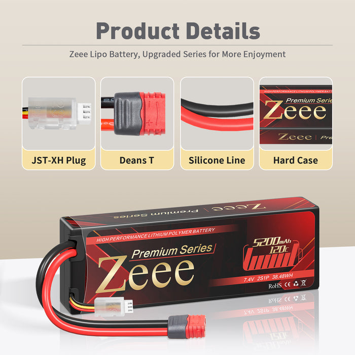 Zeee Premium Series 2S Lipo Battery 5200mAh 7.4V 120C Hard Case with Deans Plug for 1/8 1/10 RC Car(2 Pack)