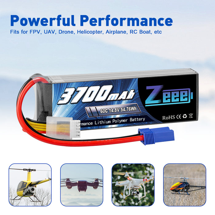 Zeee 4S Lipo Battery 3700mAh 14.8V 60C Soft Case with EC5 Plug for RC Airplane RC Models(2 Packs)