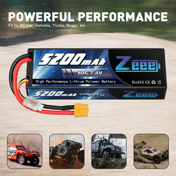 Zeee 2S Lipo Battery 5200mAh  7.4V 80C with XT60 Plug Hard Case for 1/8 1/10 RC Car(2 Packs)