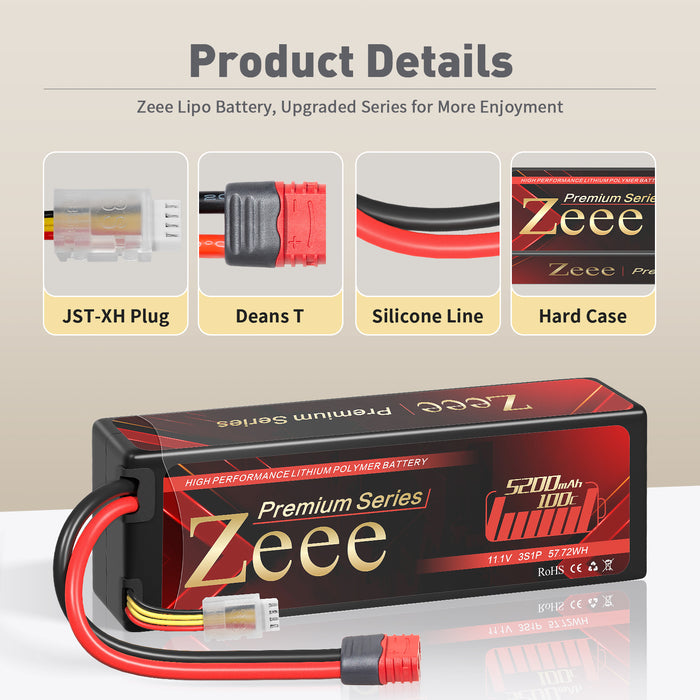 Zeee Premium Series 3S Lipo Battery 5200mAh 11.1V 100C Hard Case with Deans T Connector for RC Car RC Models(2 Pack)