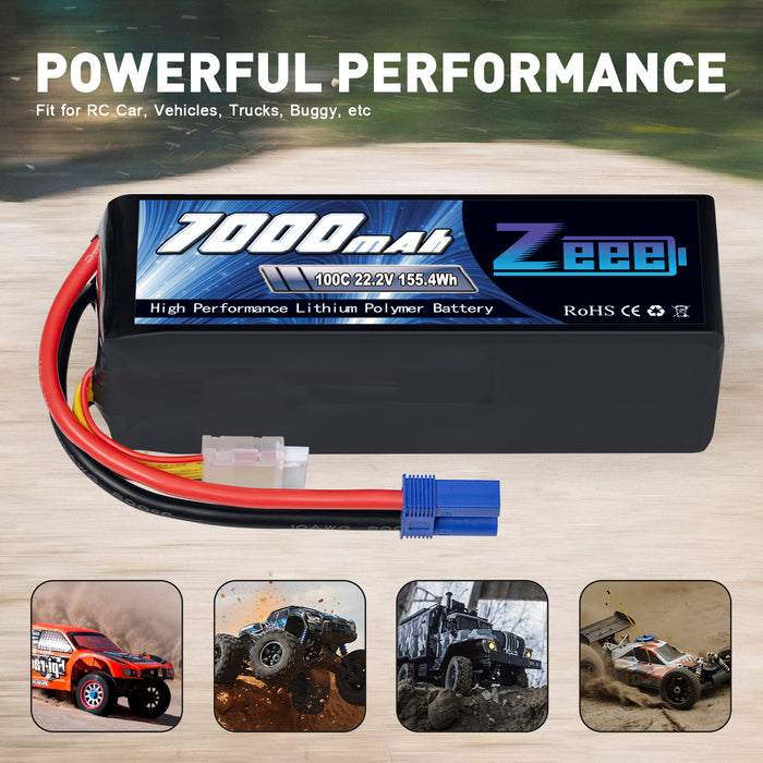 Zeee 6S Lipo Battery 7000mAh 22.2V 100C Soft Case with Metal Plates EC5 Connector for RC Car RC Models(2 Pack)