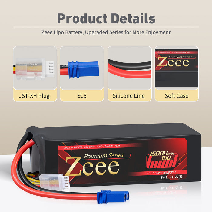 Zeee Premium Series 3S Lipo Battery 15000mAh 11.1V 100C Soft Case EC5 Connector with Metal Plates for RC Car