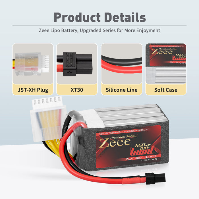 Zeee Premium Series 6S Lipo Battery 650mAh 22.2V 100C Soft Case with XT30 Plug for FPV Airplane RC Models (2 Pack)