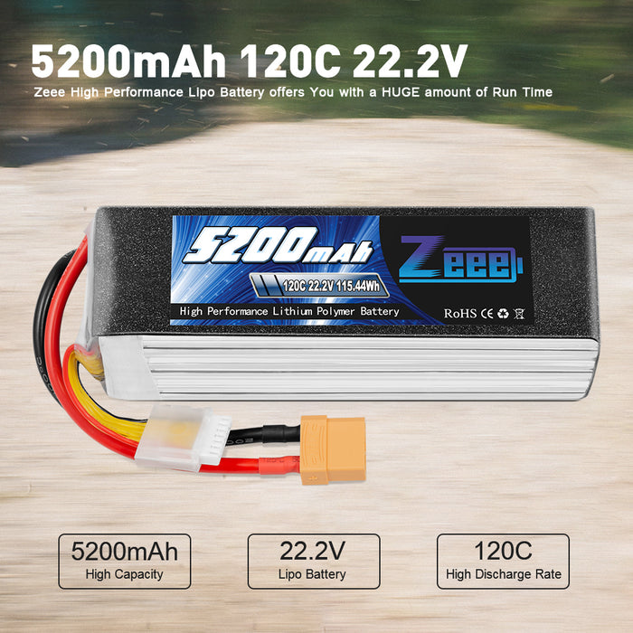 Zeee 6S Lipo Battery 5200mAh 22.2V 120C Soft Case with XT90 Connector for RC Car RC Models (2 Pack)