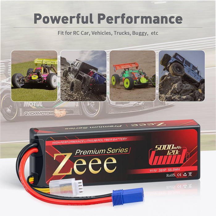 Zeee Premium Series 3S Lipo Battery 5000mAh 11.1V 120C LCG Hard Case with EC5 Connector for RC Car RC models(2 Pack)