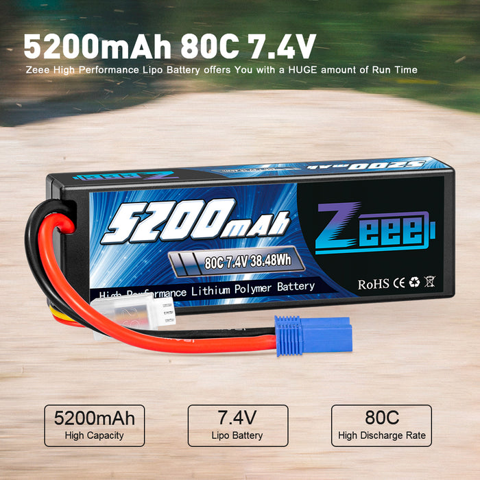 Zeee 2S Lipo Battery 5200mAh 7.4V 80C Hard Case with EC5 Plug Compatible with 1/8 1/10 RC Car(2 Pack)