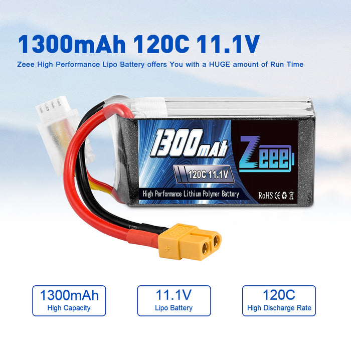 Zeee 3S Lipo Battery 1300mAh 11.1V 120C Graphene Battery with XT60 Plug for FPV RC Car RC Models(2 Pack)