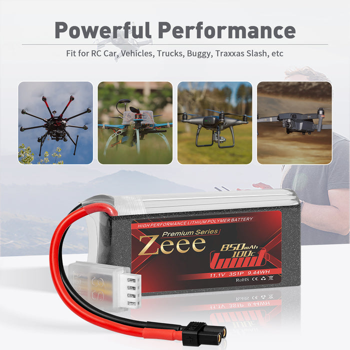 Zeee Premium Series 3S Lipo Battery 850mAh 11.1V 100C Soft Case with XT30 Plug for RC Car RC Models(2 Pack)