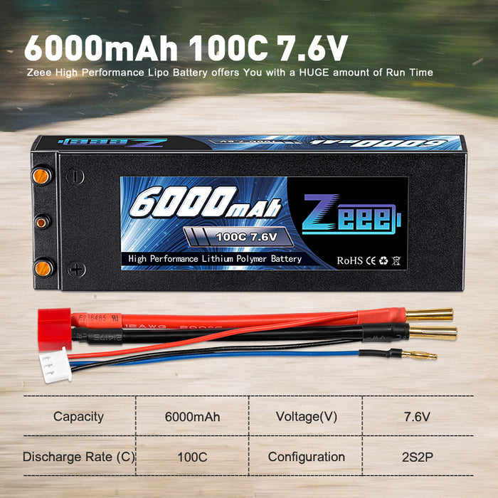 Zeee 2S Lipo Battery 6000mAh 7.6V 100C High-Voltage Hardcase with Deans Connector for RC Car(4mm Bullet)
