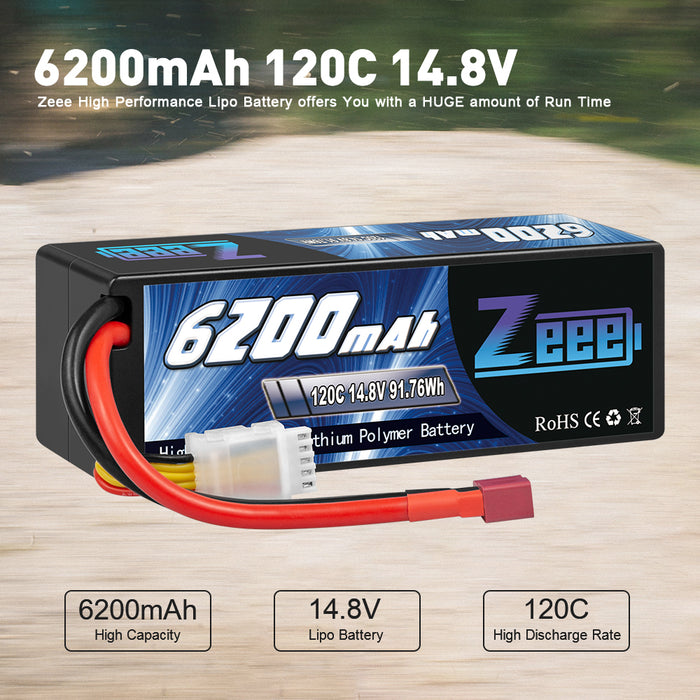 Zeee 4S Lipo Battery 6200mAh 14.8V 120C Hard Case with Deans T Connector for RC Car RC Models(2 Pack)