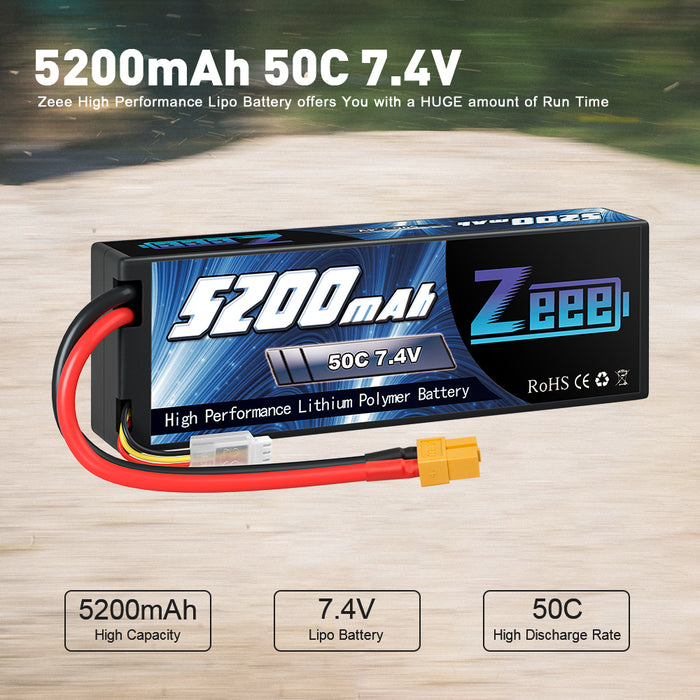Zeee 2S Lipo Battery 5200mAh 7.4V 50C with XT60 Plug Hard Case for 1/8 1/10 RC Car RC Airplane(2 Pack)
