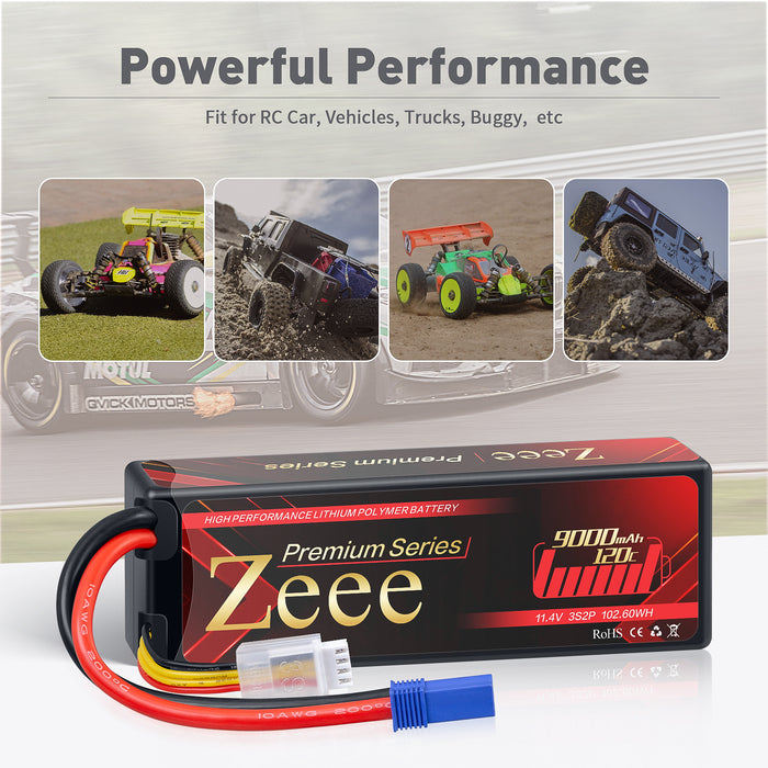 Zeee Premium Series 3S Lipo Battery 9000mAh 11.4V 120C Hard Case EC5 Connector HV-Lipo for RC Car Racing Hobby Models(2 Pack)
