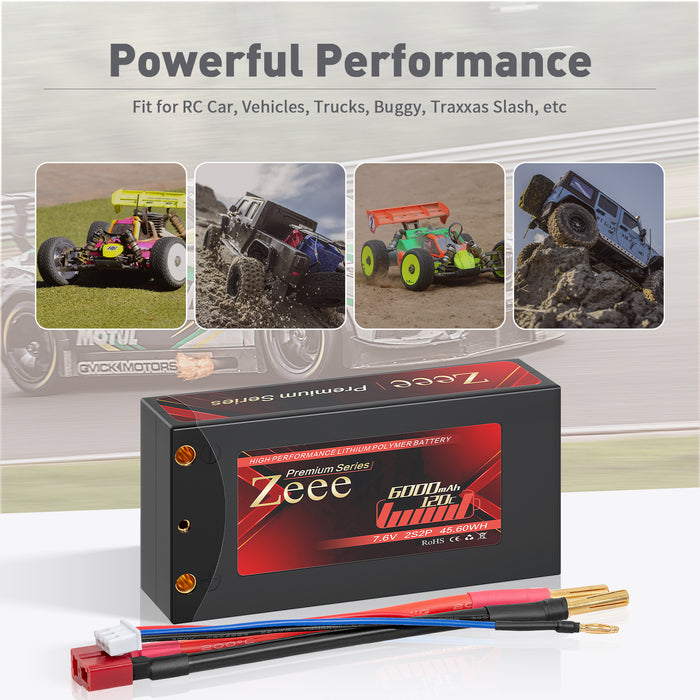 Zeee Premium Series 2S Shorty Lipo Battery 6000mAh 7.6V 120C Hard Case with 4mm Bullet to Deans Connector for RC Car(2 Pack)