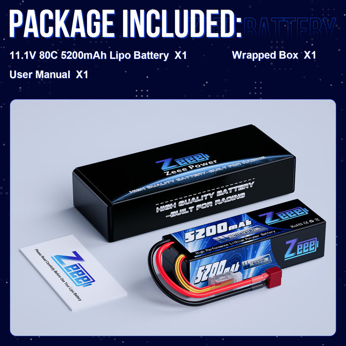 Zeee 3S Lipo Battery 5200mAh 11.1V 80C Hard Case with Deans Connector for RC Car