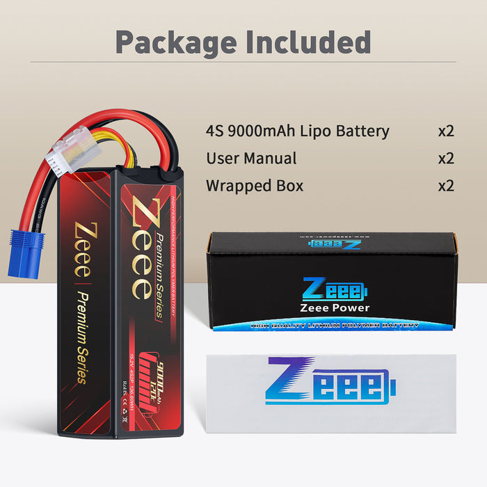 Zeee Premium Series 4S Lipo Battery 9000mAh 15.2V 120C Hard Case with EC5 Connector for RC Car Racing Models (2 Pack)