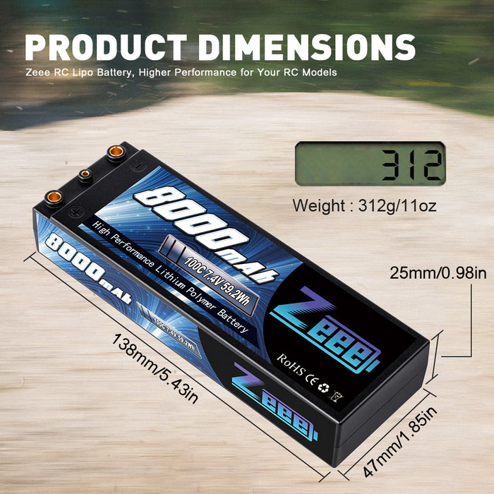 Zeee 2S Lipo Battery 8000mAh 7.4V 100C Hard Case with 4mm Bullet Dean-Style T Plug for 1/8 1/10 RC Car Model