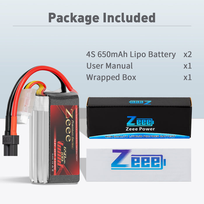 Zeee Premium Series 4S Lipo Battery 650mAh 14.8V 100C Soft Case with XT30 Plug for RC Car RC Models(2 Pack)