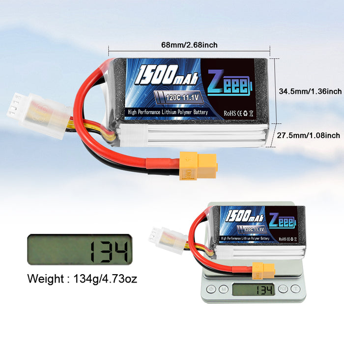 Zeee 3S Lipo Battery 1500mAh 11.1V 120C Graphene Battery with XT60 Plug for RC Car RC Models(2 Pack)