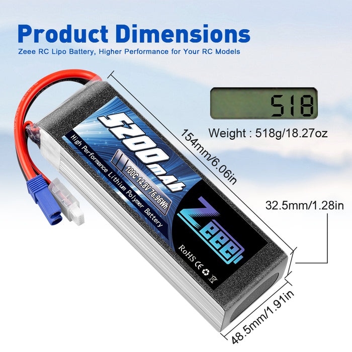 Zeee 4S Lipo Battery 14.8V 5200mAh 100C with EC5 Plug Soft Case for RC Plane RC Car(2 Pack)