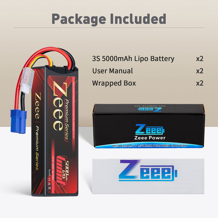 Zeee Premium Series 3S Lipo Battery 5000mAh 11.1V 120C LCG Hard Case with EC5 Connector for RC Car RC models(2 Pack)