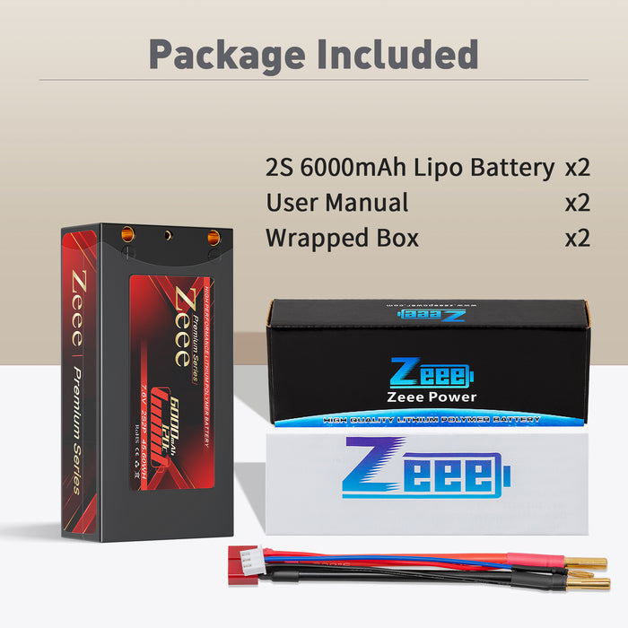 Zeee Premium Series 2S Shorty Lipo Battery 6000mAh 7.6V 120C Hard Case with 4mm Bullet to Deans Connector for RC Car(2 Pack)