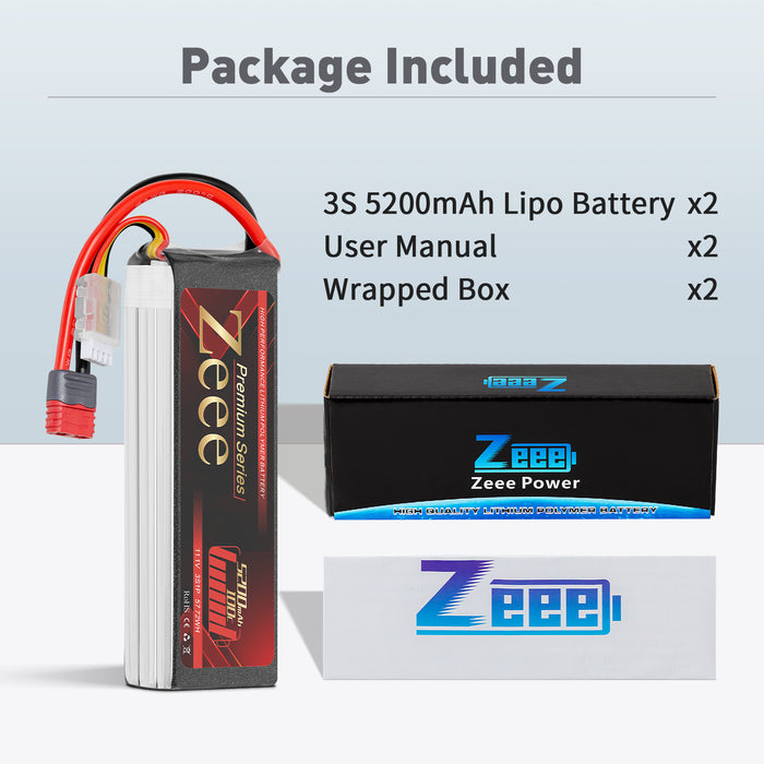 Zeee Premium Series 3S Lipo Battery 5200mAh 11.1V 100C Soft Case with Deans T Connector for RC Plane RC Car(2 Pack)