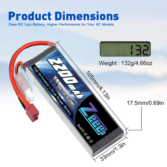 Zeee 2S Lipo Battery 2200mAh  7.4V 50C Soft Pack with Deans Connector for RC Models (2 Pack)