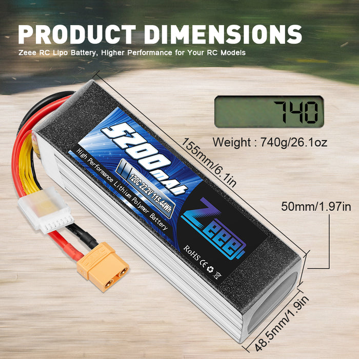 Zeee 6S Lipo Battery 5200mAh 22.2V 120C Soft Case with XT90 Connector for RC Car RC Models (2 Pack)