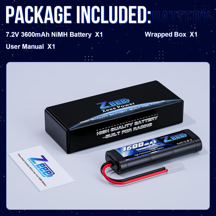 Zeee 7.2V NiMH Battery 3600mAh RC Battery with Tamiya Connector for RC Car RC Truck Associated HPI Losi Kyosho Tamiya Hobby