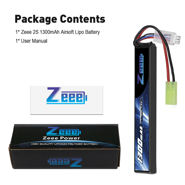 Zeee 2S Lipo Battery 1300mAh 7.4V 25C Airsoft Stick Battery with Mini Tamiya Connector for Airsoft Guns Rifle