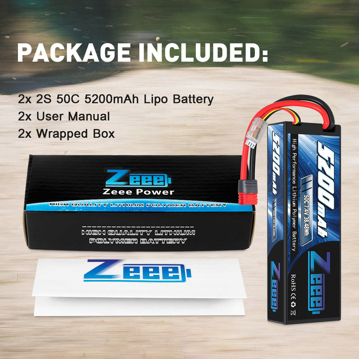 Zeee 2S Lipo Battery 5200mAh 7.4V 50C Deans T Plug with Housing Hard Case Battery for 1/8 1/10 RC Car RC Models(2 Pack)
