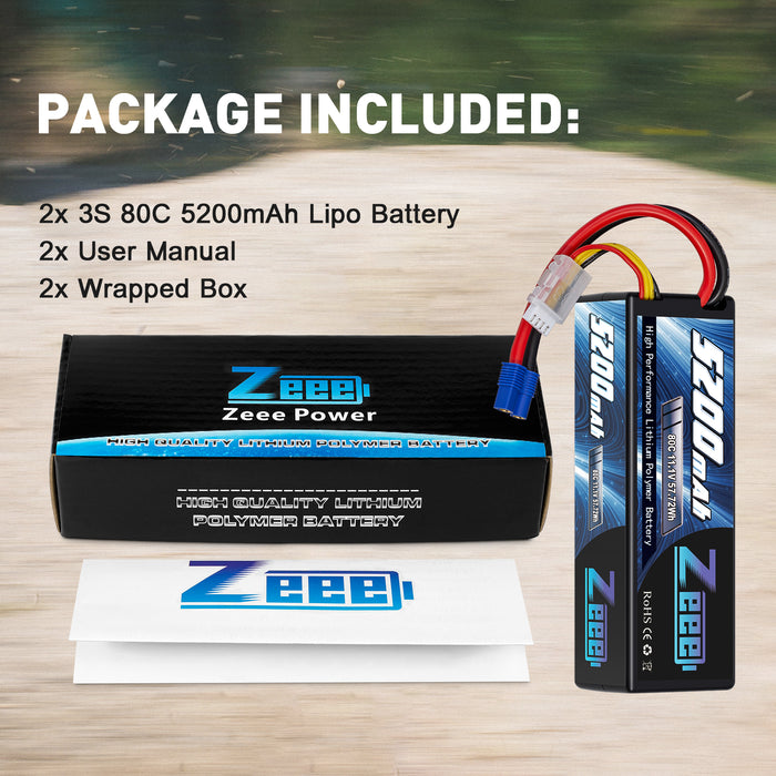 Zeee 3S Lipo Battery 5200mAh 11.1V 80C with EC3 Plug Hard Case for RC Car Racing Models(2 Pack)
