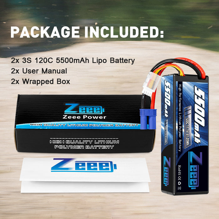 Zeee 3S Lipo Battery 5500mAh 11.1V 120C Hard Case RC Battery with EC5 Connector for RC Car 1/8 1/10 Scale Vehicles(2 Pack)
