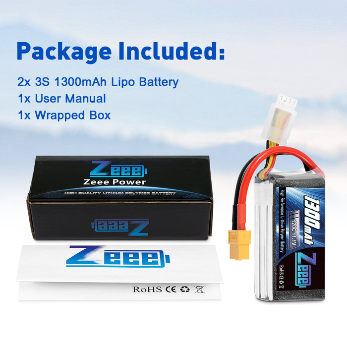 Zeee 3S Lipo Battery 1300mAh 11.1V 120C Graphene Battery with XT60 Plug for FPV RC Car RC Models(2 Pack)