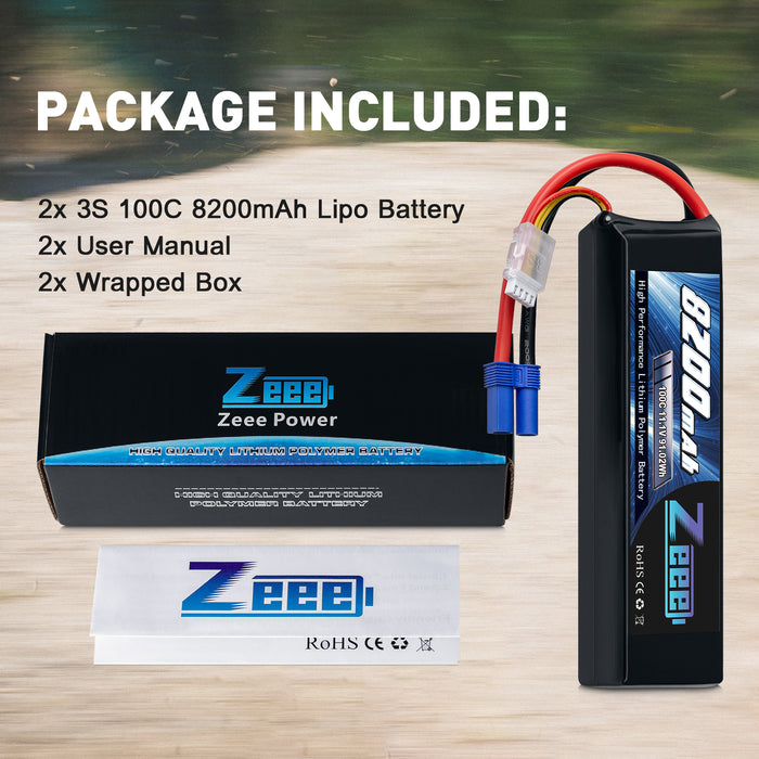 Zeee 3S Lipo Battery 8200mAh 11.1V 100C EC5 Connector Soft Case with Metal Plates for RC Car RC Models (2 Pack)
