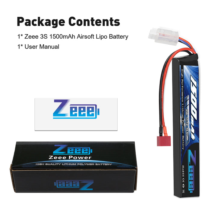 Zeee 3S Airsoft Lipo Battery 1500mAh 11.1V 25C 3S Stick Battery with Deans T Plug and JST XH Connector for Airsoft Models Guns Rifle