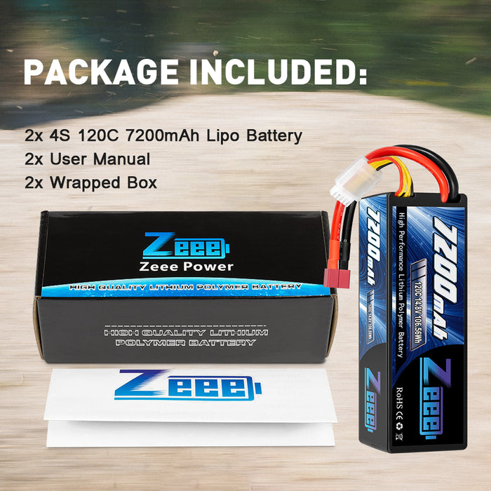 Zeee 4S Lipo Battery 7200mAh 14.8V 120C Hard Case with Deans T Connector for RC Car RC Models(2 Pack)