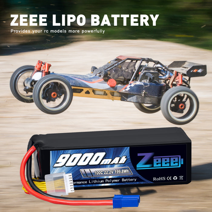 Zeee 6S Lipo Battery 9000mAh 22.2V 100C Soft Case With EC5 Connector with Metal Plates for RC Car RC Models(2 Pack)