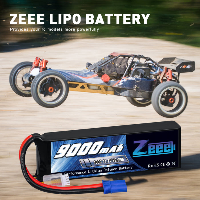Zeee 3S Lipo Battery 9000mAh 11.1V 100C EC5 Connector with Metal Plates Soft Case for RC Car RC Models(2 Pack)