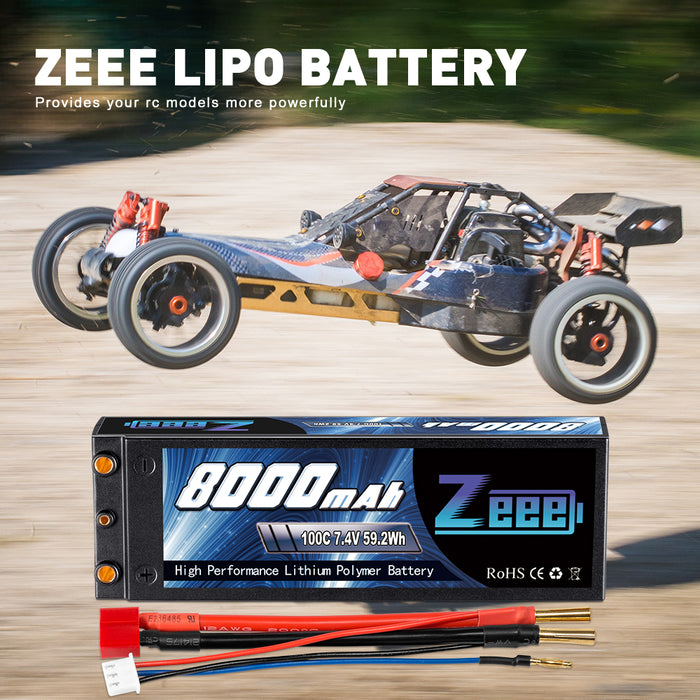 Zeee 2S Lipo Battery 8000mAh 7.4V 100C Hard Case with 4mm Bullet Dean-Style T Plug for 1/8 1/10 RC Car Model