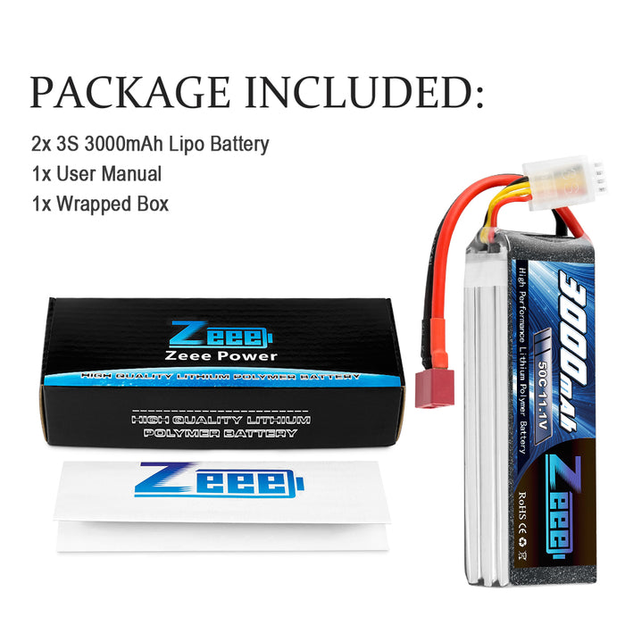 Zeee 3S Lipo Battery 3000mAh 11.1V 50C with Deans T Connector for RC Airplane RC Car RC Models(2 Pack)