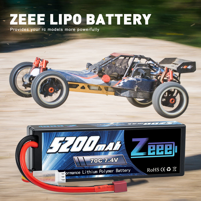 Zeee 2S Lipo Battery 5200mAh 7.4V 70C Hard Case with Deans Plug for 1/8 1/10 RC Vehicles Car Trucks Airplane Boats(2 Packs)